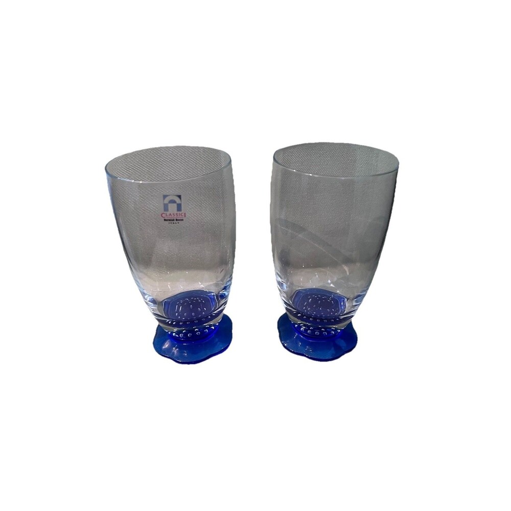 Set Of 2 New Bormioli Rocco Bahia Blue Footed Iced Tea /Water Goblets Scalloped